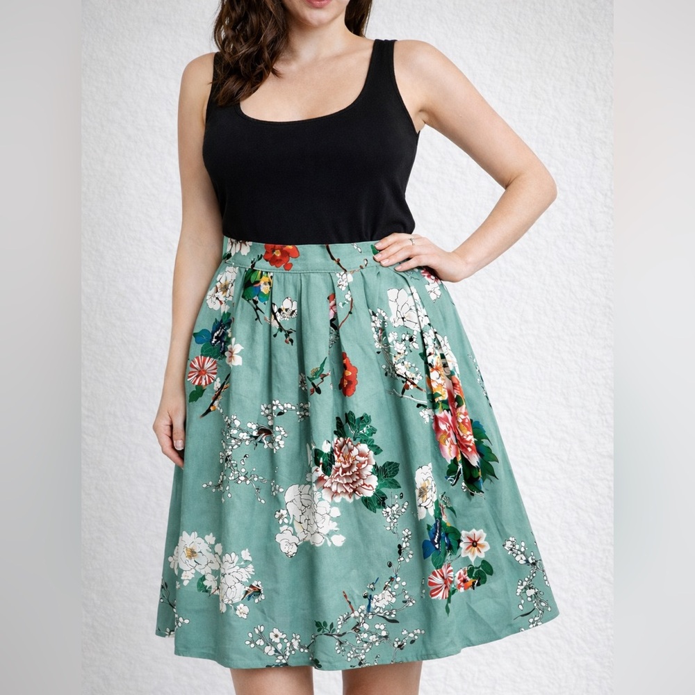 GRACE KARIN Women’s Size M Blue Floral Print Pleated Knee-Length A-Line‎ Skirt